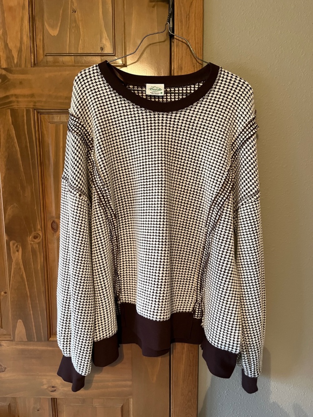 Ivory and Brown Textured Knit Pullover
